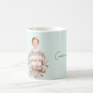 Kvinnlig rödhårig tröja ljus kaffemugg