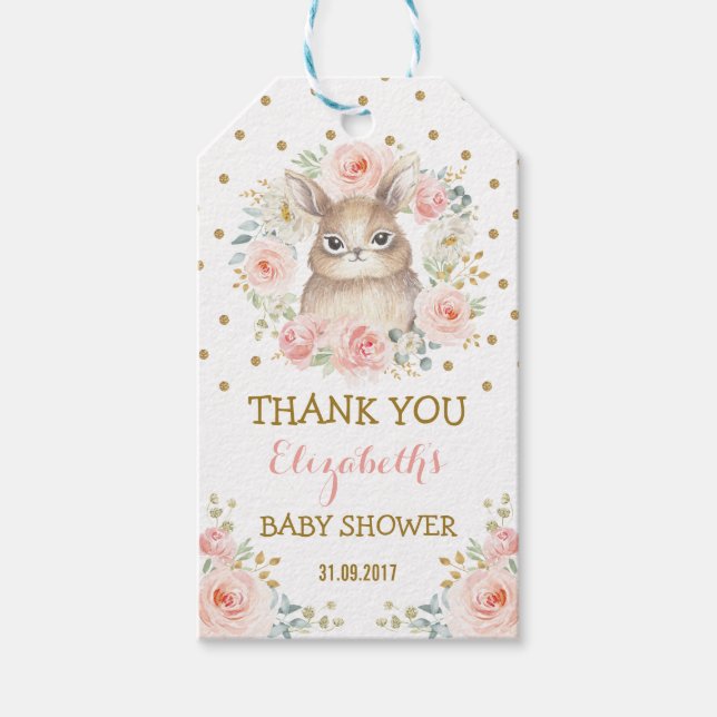 Kvinnlig rodna guld- kaninbaby showerparty favors presentetikett (Framsidan)