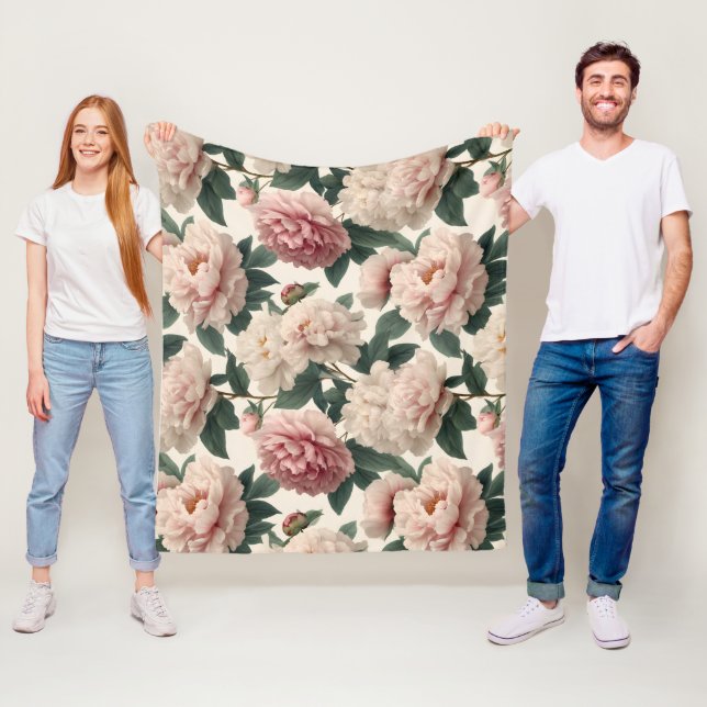 Kvinnlig Rodnad Peony Vit Blommig Mönster Fleecefilt (På plats)