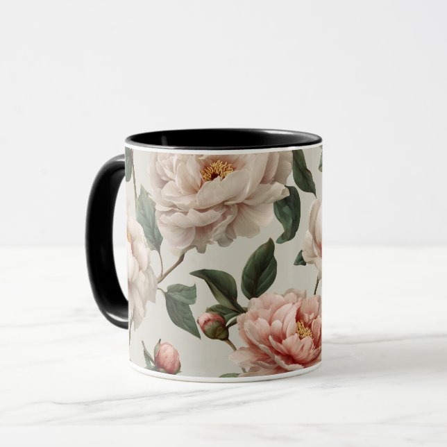 Kvinnlig Rodnad Peony Vit Blommig Mönster Mugg (Framsida vänster)
