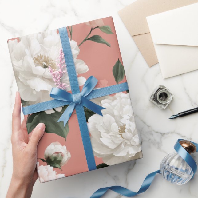 Kvinnlig Rodnad Peony Vit Blommig Mönster Presentpapper (Gifting)