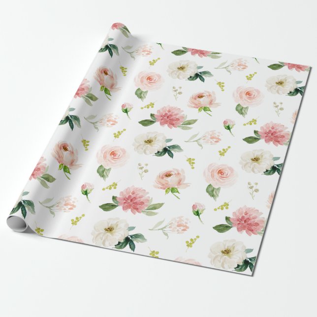 Kvinnlig Rodnad Rosa Blommig Akvarellmönster Presentpapper (Utrullad)
