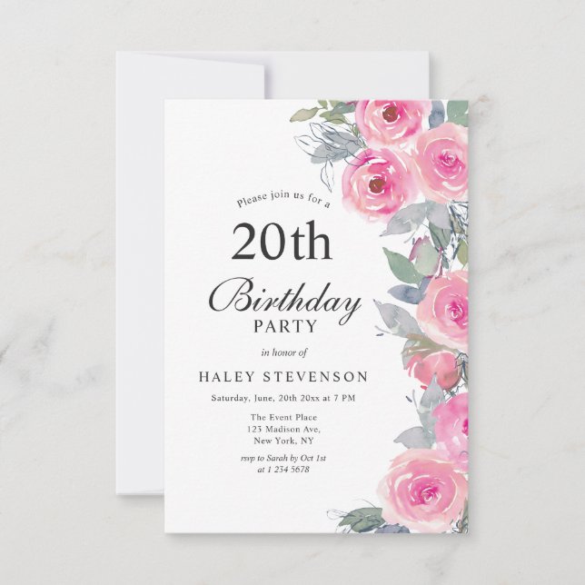 Kvinnlig Rosa Akvarell Blommig Chic 20-årsdag Inbjudningar (Framsida)