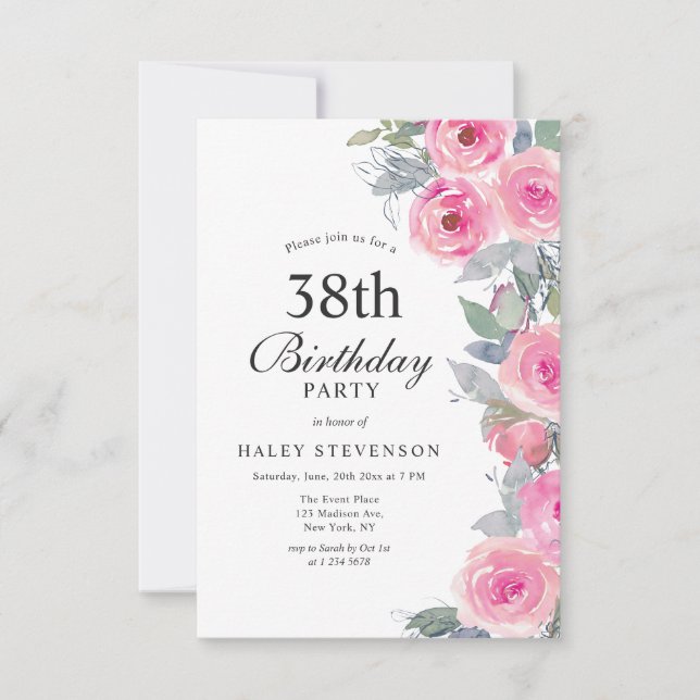 Kvinnlig Rosa Akvarell Blommig Chic 38-årsdag Inbjudningar (Framsida)