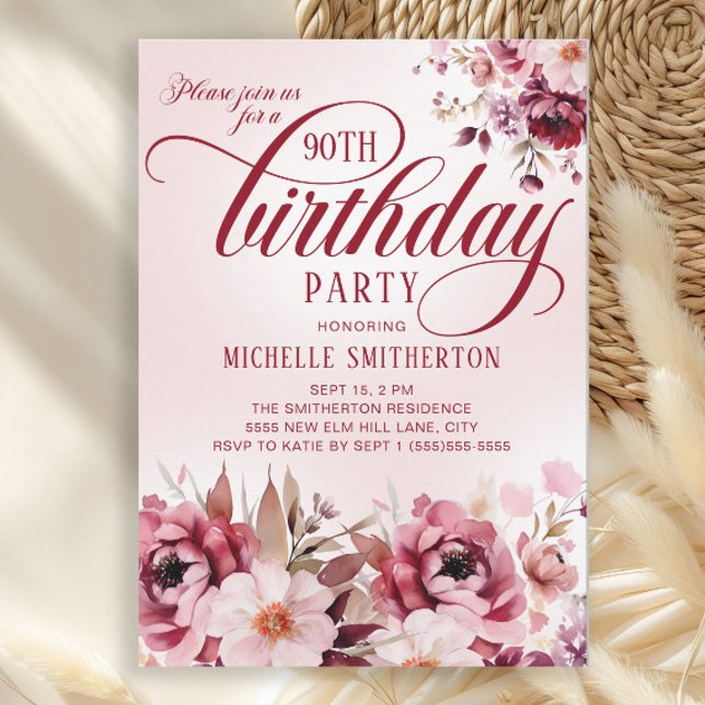 Kvinnlig Rosa Burgunder Blommig 90-årsdag Inbjudningar (Burgundy and pink watercolor floral 90th birthday party invitation)