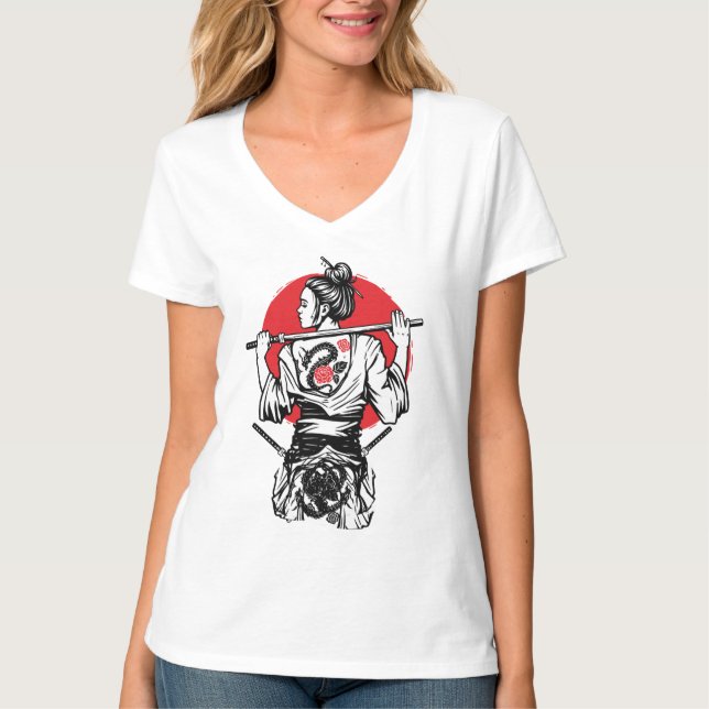 Kvinnlig Samurajkrigare – Drakrosen Tatuering Japa T Shirt (Framsida)