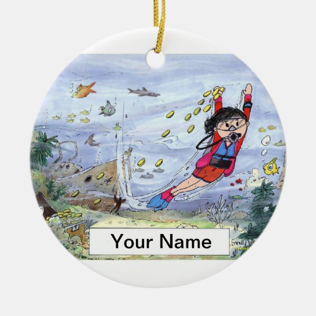 Kvinnlig Scubadykare - Julgransprydnad Keramik (Framsidan)