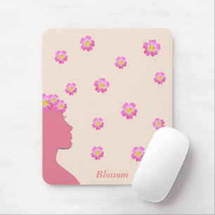 Kvinnlig siluett, rosa blommor & text på beige musmatta