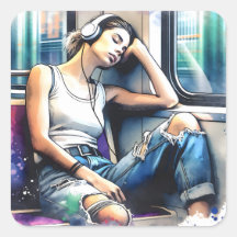Kvinnlig sömn på Tunnelbanan Lyssna på musik