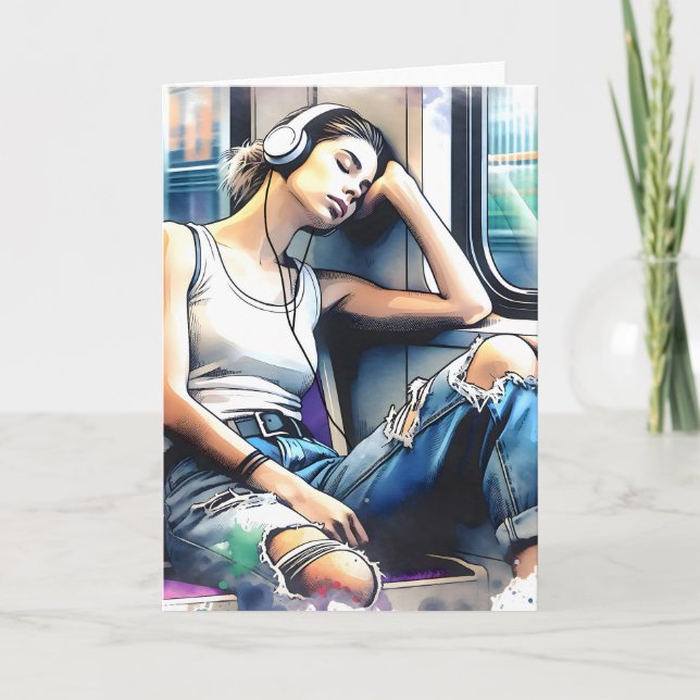 Kvinnlig sömn på Tunnelbanan Lyssna på musik Kort (Framsida)