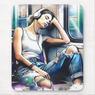 Kvinnlig sömn på Tunnelbanan Lyssna på musik Musmatta