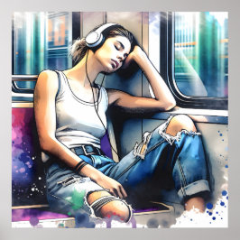 Kvinnlig sömn på Tunnelbanan Lyssna på musik Poster