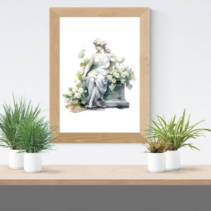 Kvinnlig staty i trädgård Akvarell Vita Blommor Poster