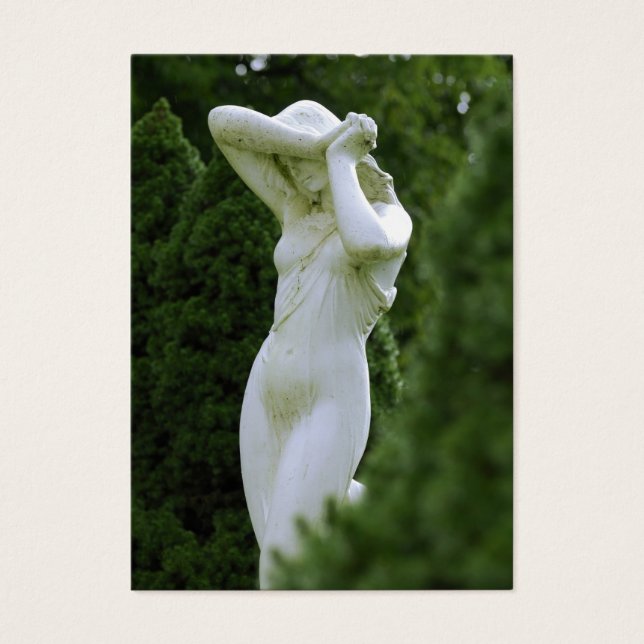 Kvinnlig staty i trädgården visitkort (Framsidan)