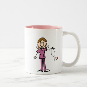 Kvinnlig stick figursjuksköterska för brunt hår Två-Tonad mugg