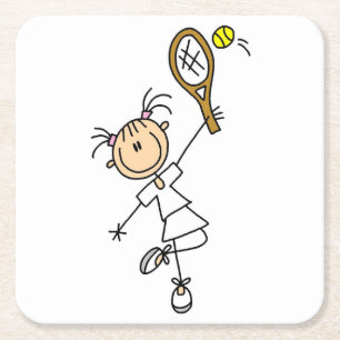 Kvinnlig stick figurtennisspelare underlägg papper kvadrat