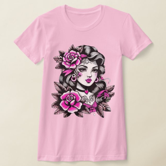 Kvinnlig tatueringstil Kvinna med rosor T Shirt (Laydown)