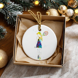 Kvinnlig tennisspelare julgransprydnad keramik