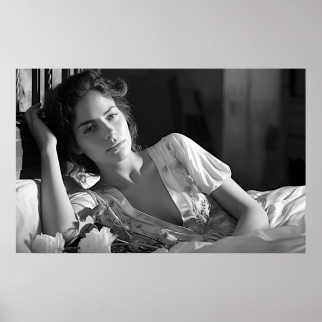Kvinnlig upplåsning i sängfoto B&W Poster (Framsidan)