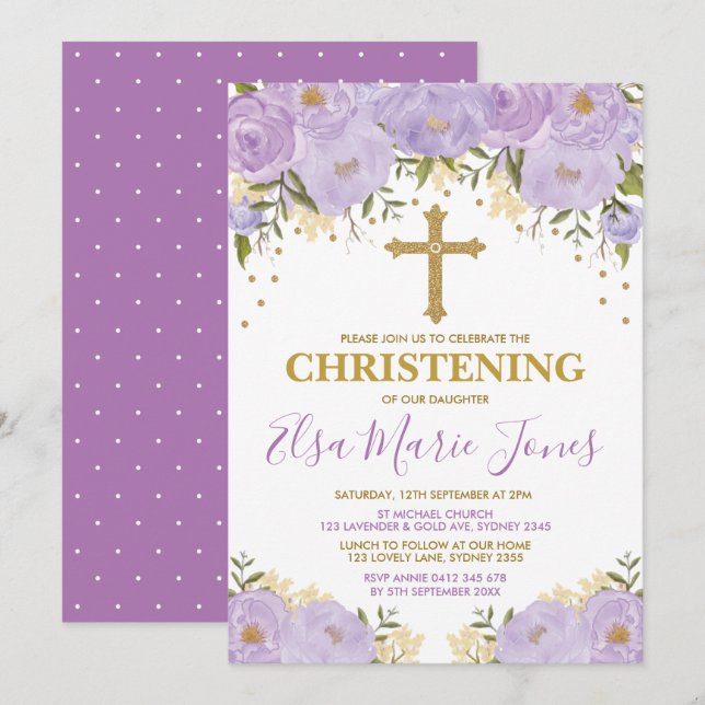 Kvinnlig vattenfärglila blommorChristening Inbjudningar (Fram/baksida)