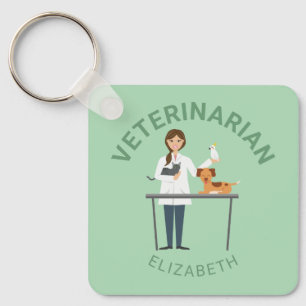 Kvinnlig veterinär med djur & ditt eget namn nyckelring