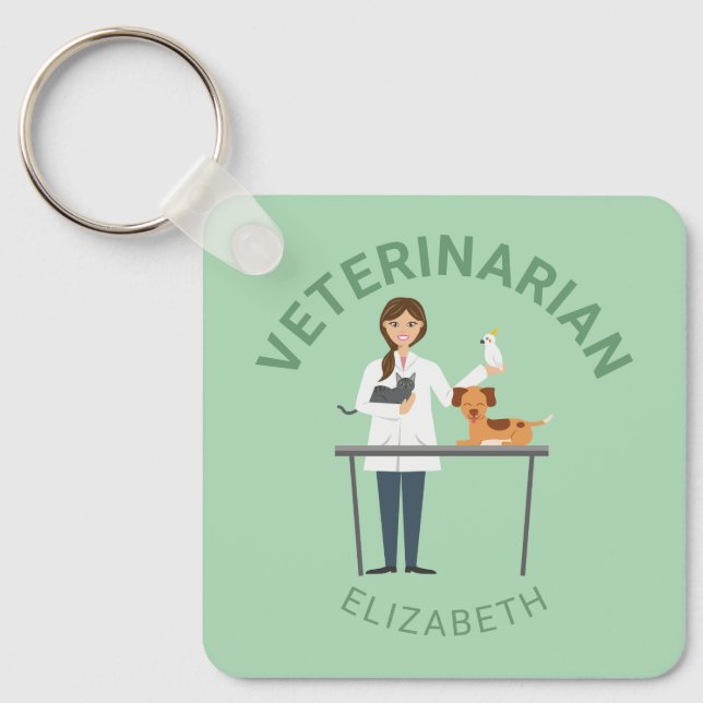 Kvinnlig veterinär med djur & ditt eget namn nyckelring (Framsida)