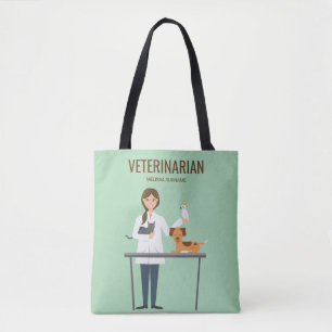 Kvinnlig veterinär med djur och anpassad text tygkasse