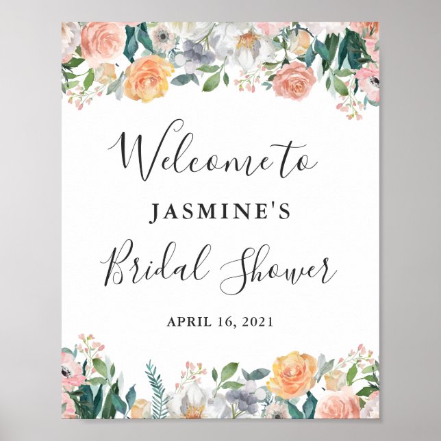 Kvinnliga Trädgårdsrosor Blommig Bröllopsduschskyl Poster (Framsidan)