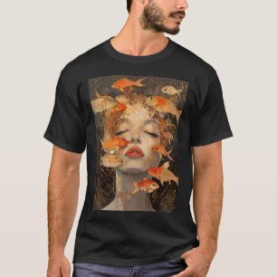 Kvinnligt Ansikte Med Fisk Art Nouveau T Shirt