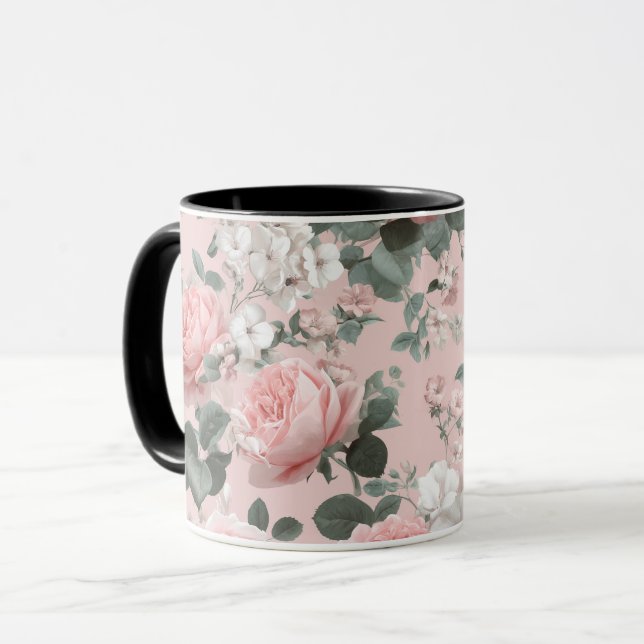 Kvinnligt babyrosa ros vit blommig mönster mugg (Framsida vänster)