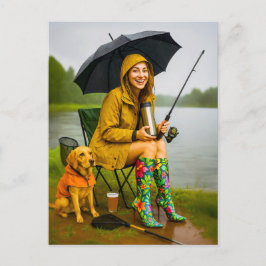 Kvinnligt fiske i regnrock och Snyggt Boots Helg Vykort