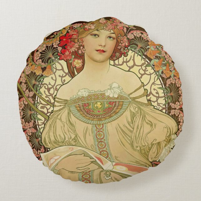 Kvinnligt porträtt Alphonse Mucha Rund Kudde (Baksidan)