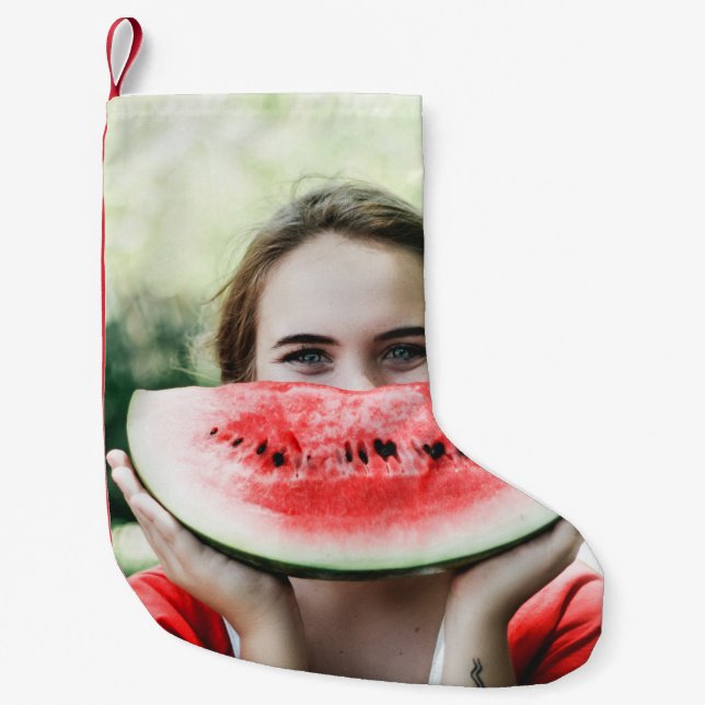 Kvinnoanläggning i segmenterad vattenmelon liten julstrumpa (Framsidan)