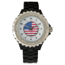 Kvinnobägare USA flagga Rhinestone Black Enamel Wa Armbandsur