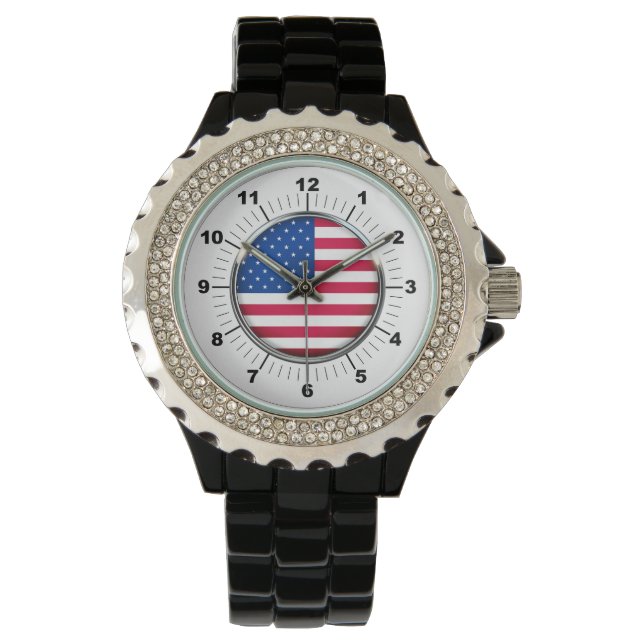 Kvinnobägare USA flagga Rhinestone Black Enamel Wa Armbandsur (Framsida)