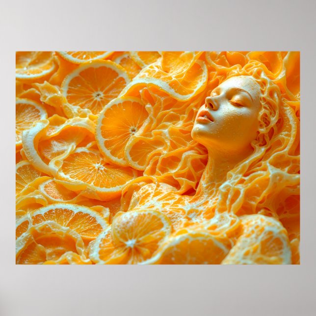 Kvinnokonst porträtt mellan Orangar - färsk frukt Poster (Framsidan)