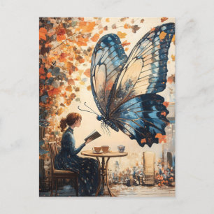 Kvinnoläsning med Giant Butterfly Abstrakt Art Helg Vykort