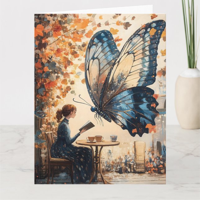 Kvinnoläsning med Giant Butterfly Abstrakt Art Kort (Framsida)