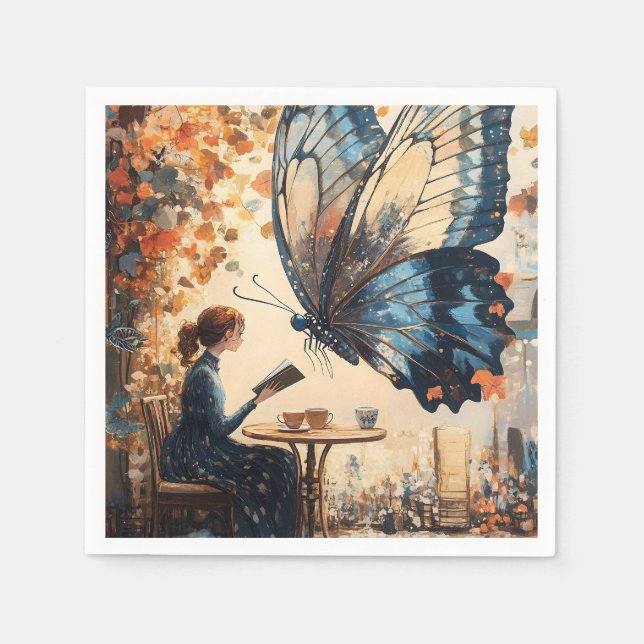 Kvinnoläsning med Giant Butterfly Abstrakt Art Pappersservett (Framsidan)