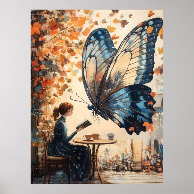 Kvinnoläsning med Giant Butterfly Abstrakt Art Poster (Framsidan)
