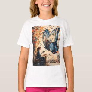 Kvinnoläsning med Giant Butterfly Abstrakt Art T Shirt