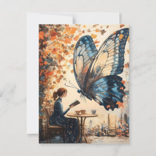 Kvinnoläsning med Giant Butterfly Abstrakt Art Vykort