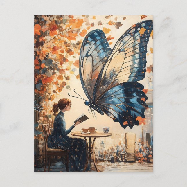 Kvinnoläsning med Giant Butterfly Abstrakt Art Vykort (Framsida)