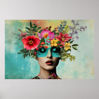 Kvinnoporträtt i vintage stil med blommor poster