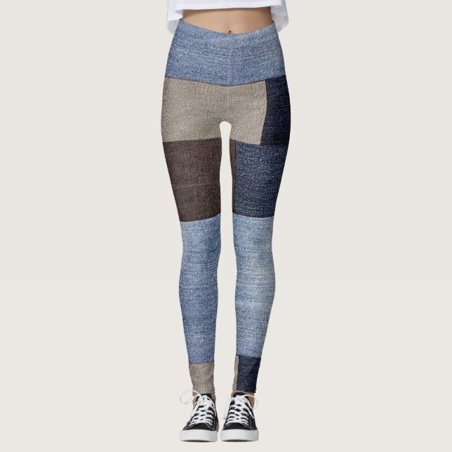 Kvinnor Eleganta Färgrika Lappade Falska Denim Byx Leggings (Framsida)
