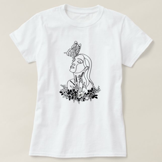 Kvinnor Flower Mörk Butterfly Ansikte Porträtt Art T Shirt (Design framsida)
