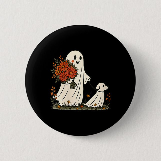 Kvinnor Ghost Walking Dog Skräckfulla Roliga Hallo Knapp (Framsida)
