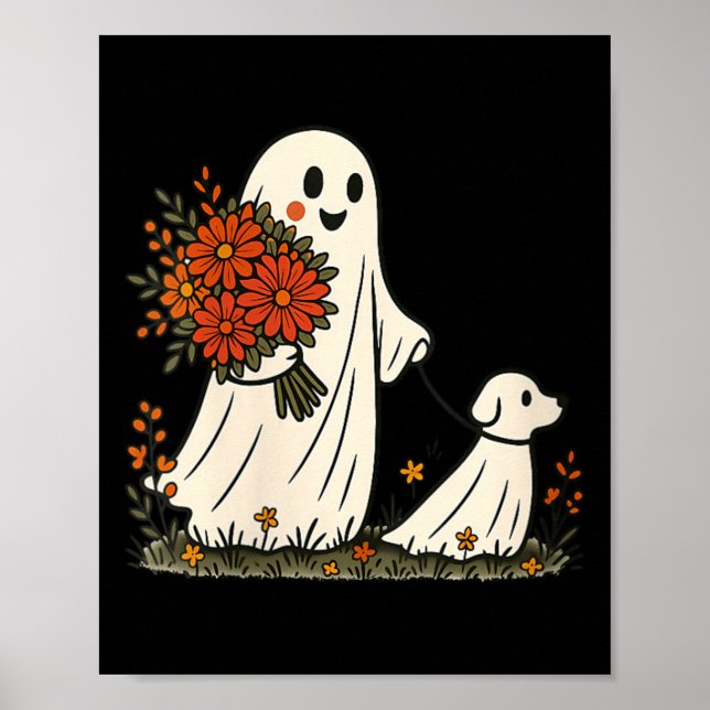 Kvinnor Ghost Walking Dog Skräckfulla Roliga Hallo Poster (Framsidan)
