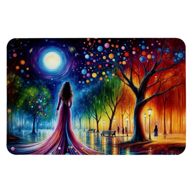 Kvinnor i blomstrande gäss som går i färgad skog magnet (Horisontell)