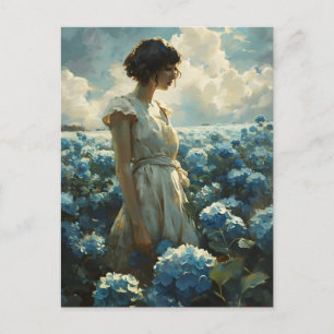 Kvinnor i Blue Hydrangea Fält: Vintage Beauty Vykort